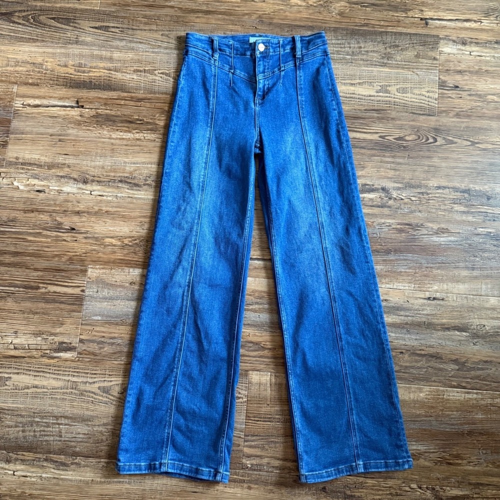 Risen Jeans FLARE Wide Leg Pants Womens 7/28 High Rise Front Seam Denim Boho - Picture 2 of 13